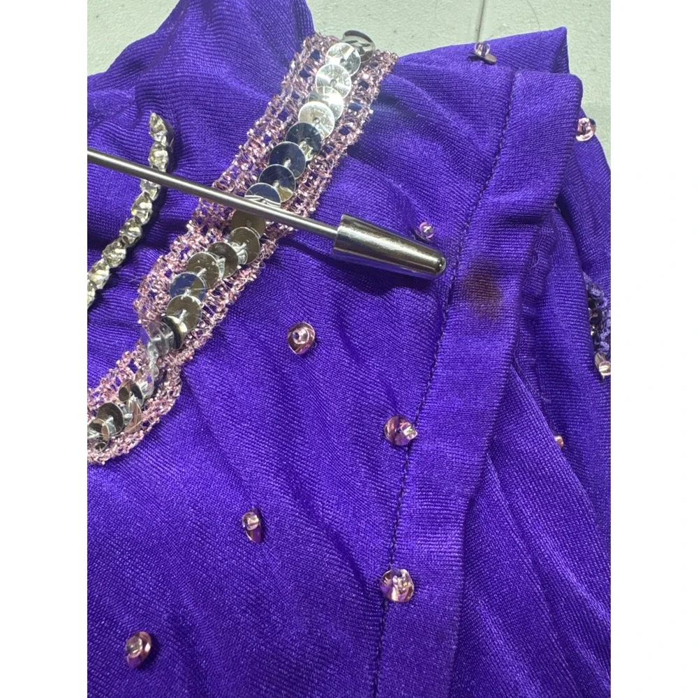 VTG Girls Baton Twirling Leotard Size 12 Rhinestones Purple 70s Handmade